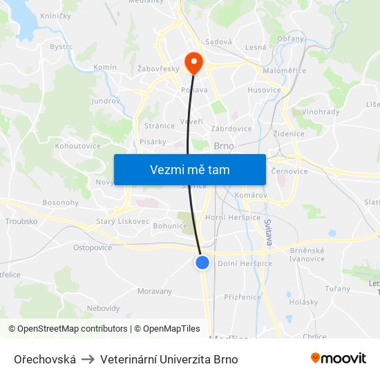 Ořechovská to Veterinární Univerzita Brno map