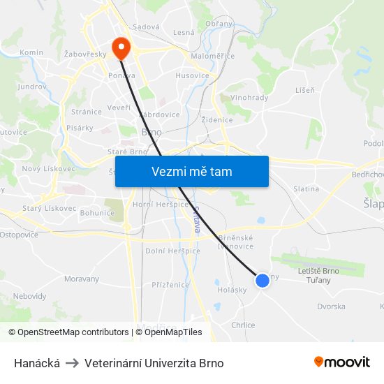 Hanácká to Veterinární Univerzita Brno map