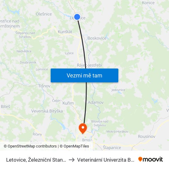 Letovice, Železniční Stanice to Veterinární Univerzita Brno map