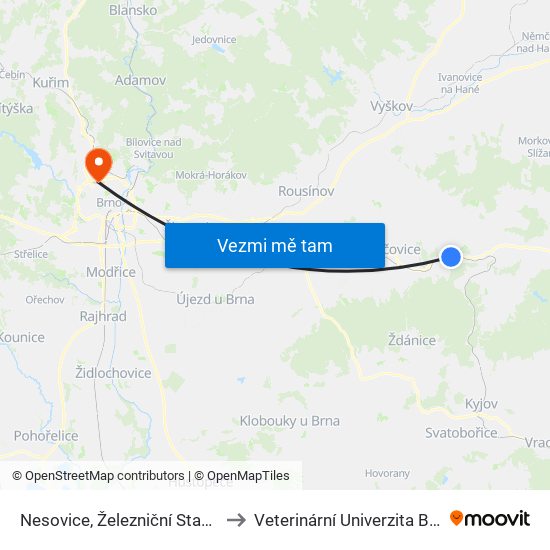 Nesovice, Železniční Stanice to Veterinární Univerzita Brno map