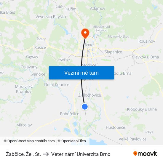 Žabčice, Žel. St. to Veterinární Univerzita Brno map