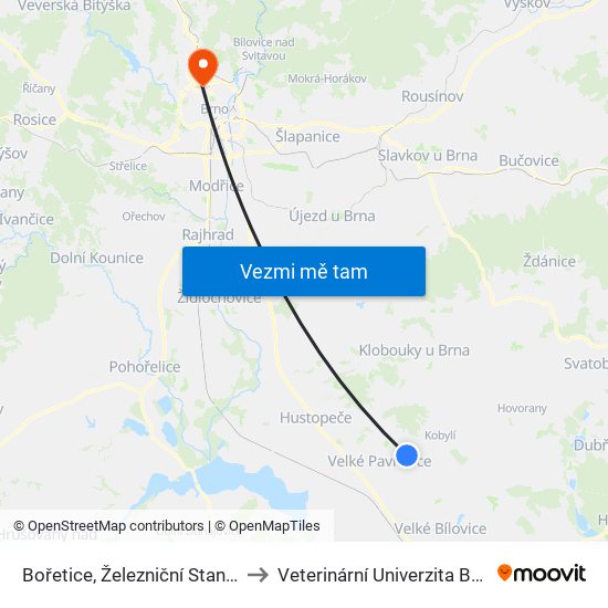 Bořetice, Železniční Stanice to Veterinární Univerzita Brno map