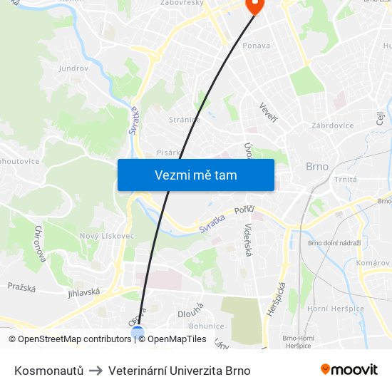 Kosmonautů to Veterinární Univerzita Brno map