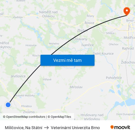 Milíčovice, Na Státní to Veterinární Univerzita Brno map