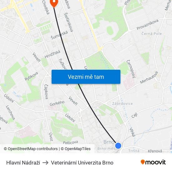 Hlavní Nádraží to Veterinární Univerzita Brno map