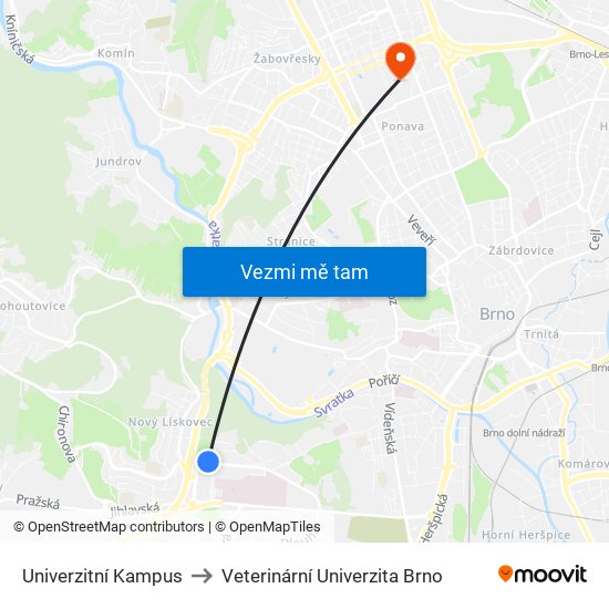 Univerzitní Kampus to Veterinární Univerzita Brno map