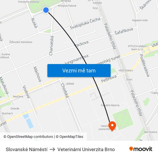 Slovanské Náměstí to Veterinární Univerzita Brno map