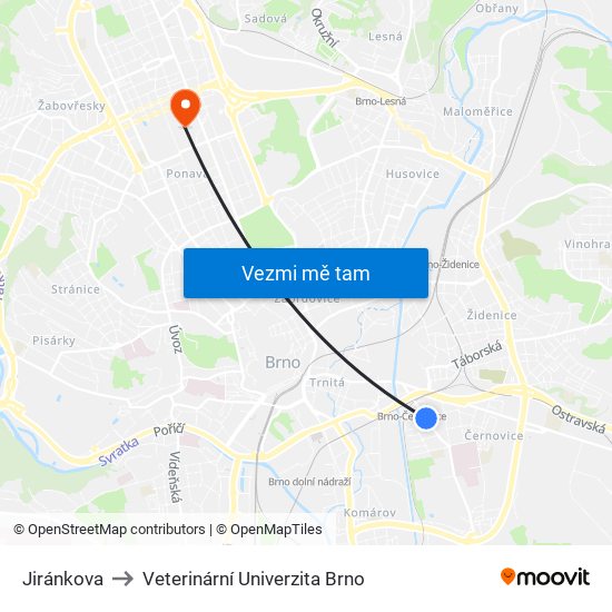 Jiránkova to Veterinární Univerzita Brno map