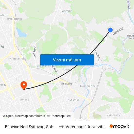 Bílovice Nad Svitavou, Soběšická to Veterinární Univerzita Brno map