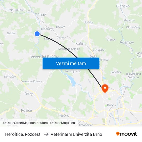 Heroltice, Rozcestí to Veterinární Univerzita Brno map