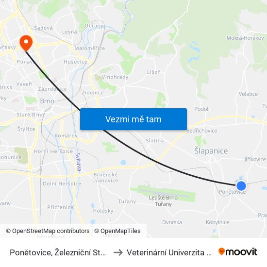 Ponětovice, Železniční Stanice to Veterinární Univerzita Brno map