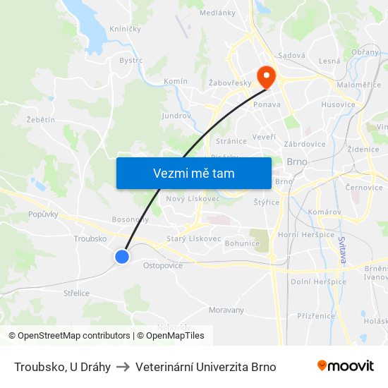 Troubsko, U Dráhy to Veterinární Univerzita Brno map