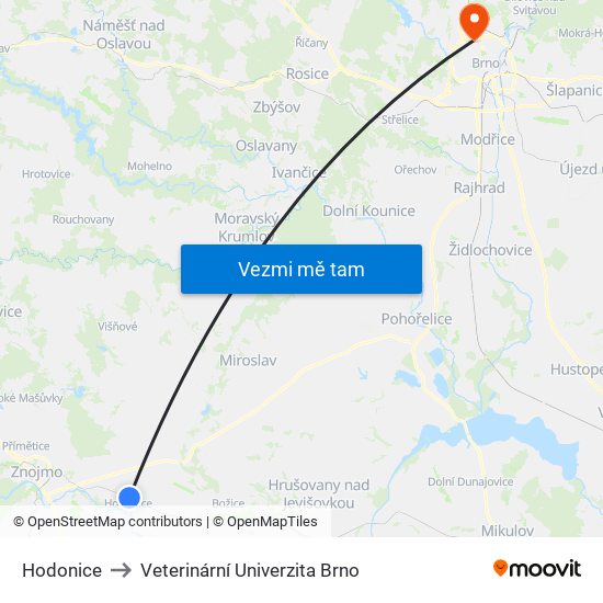 Hodonice to Veterinární Univerzita Brno map