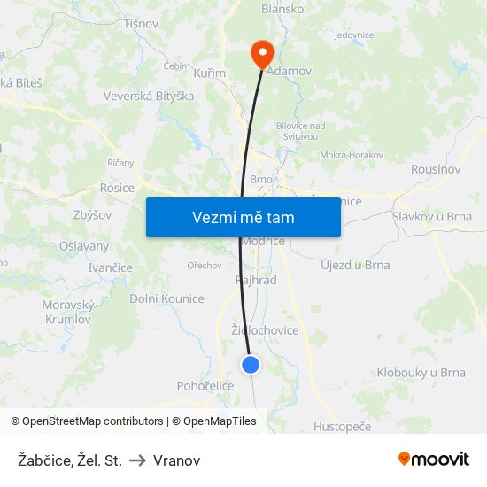 Žabčice, Žel. St. to Vranov map