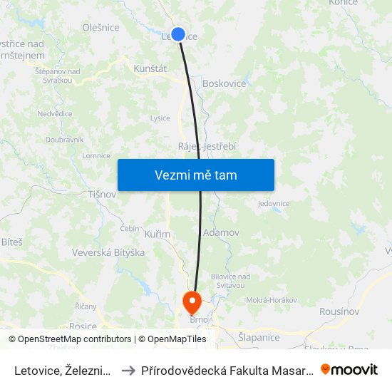 Letovice, Železniční Stanice to Přírodovědecká Fakulta Masarykovy Univerzity map