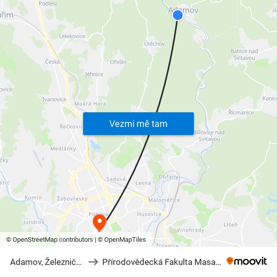 Adamov, Železniční Zastávka to Přírodovědecká Fakulta Masarykovy Univerzity map