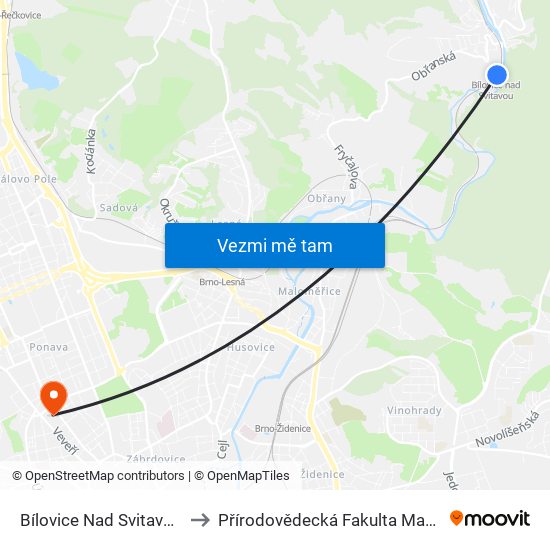 Bílovice Nad Svitavou, Žel. Stanice to Přírodovědecká Fakulta Masarykovy Univerzity map