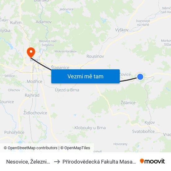 Nesovice, Železniční Stanice to Přírodovědecká Fakulta Masarykovy Univerzity map