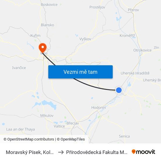 Moravský Písek, Kolonie, Žel. Stanice to Přírodovědecká Fakulta Masarykovy Univerzity map