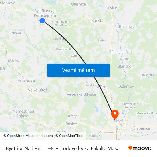 Bystřice Nad Pernštejnem to Přírodovědecká Fakulta Masarykovy Univerzity map