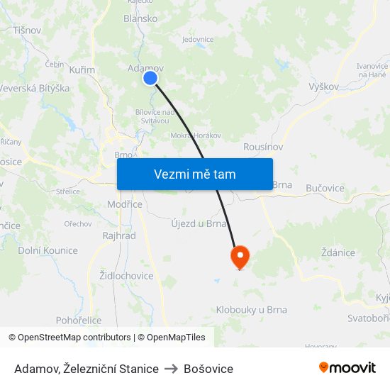 Adamov, Železniční Stanice to Bošovice map