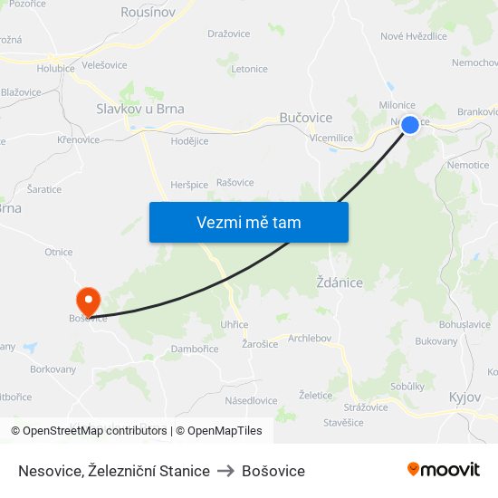 Nesovice, Železniční Stanice to Bošovice map