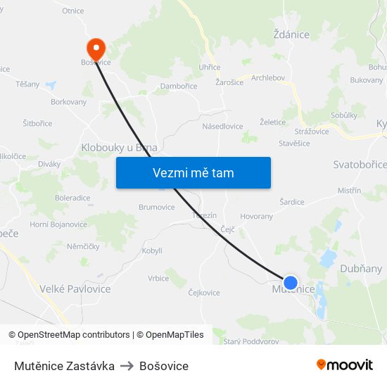 Mutěnice Zastávka to Bošovice map