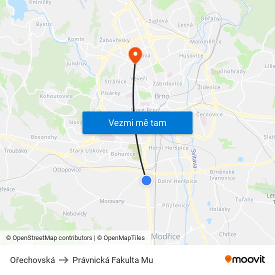 Ořechovská to Právnická Fakulta Mu map