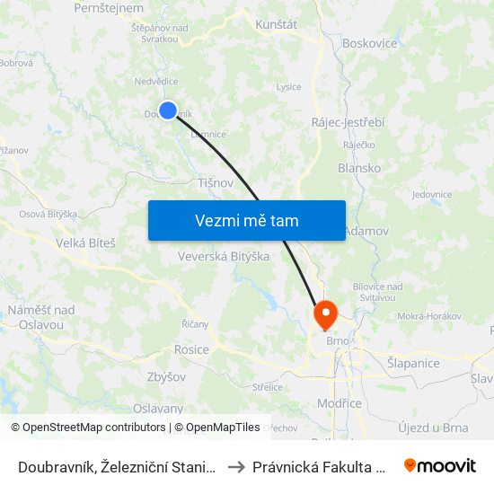 Doubravník, Železniční Stanice to Právnická Fakulta Mu map