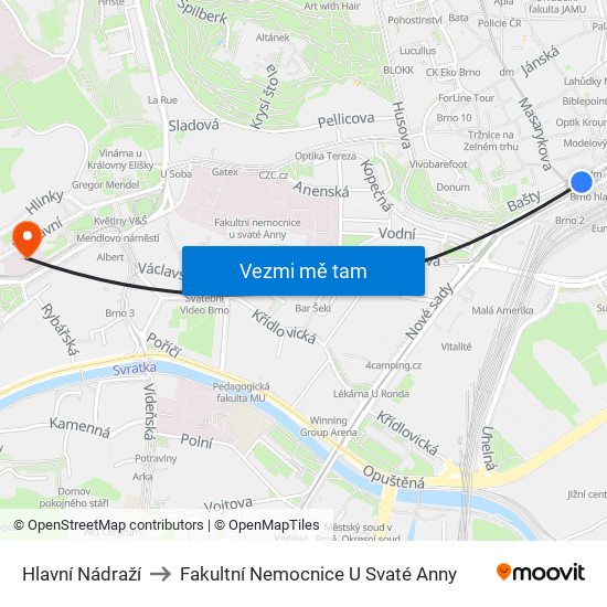 Hlavní Nádraží to Fakultní Nemocnice U Svaté Anny map
