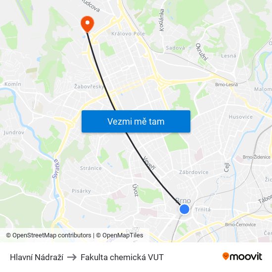 Hlavní Nádraží to Fakulta chemická VUT map