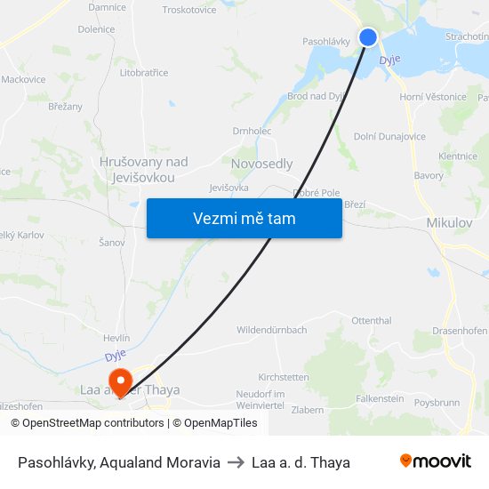 Pasohlávky, Aqualand Moravia to Laa a. d. Thaya map