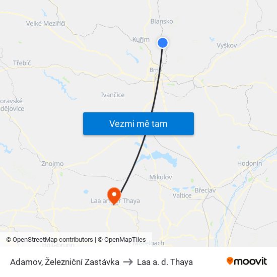 Adamov, Železniční Zastávka to Laa a. d. Thaya map