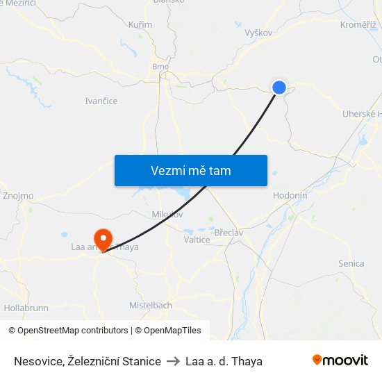 Nesovice, Železniční Stanice to Laa a. d. Thaya map