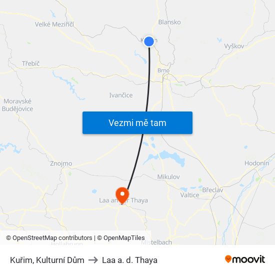 Kuřim, Kulturní Dům to Laa a. d. Thaya map