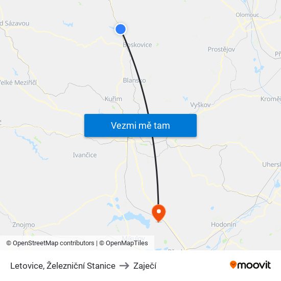 Letovice, Železniční Stanice to Zaječí map