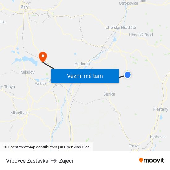 Vrbovce Zastávka to Zaječí map