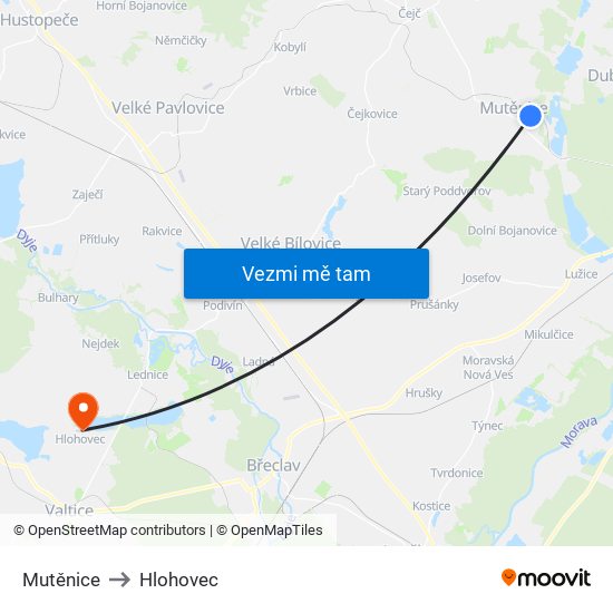 Mutěnice to Hlohovec map