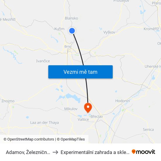 Adamov, Železniční Zastávka to Experimentální zahrada a skleníky MENDELU map