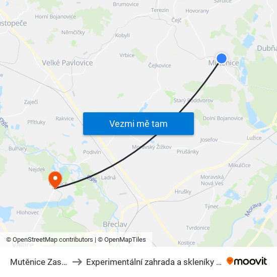 Mutěnice Zastávka to Experimentální zahrada a skleníky MENDELU map