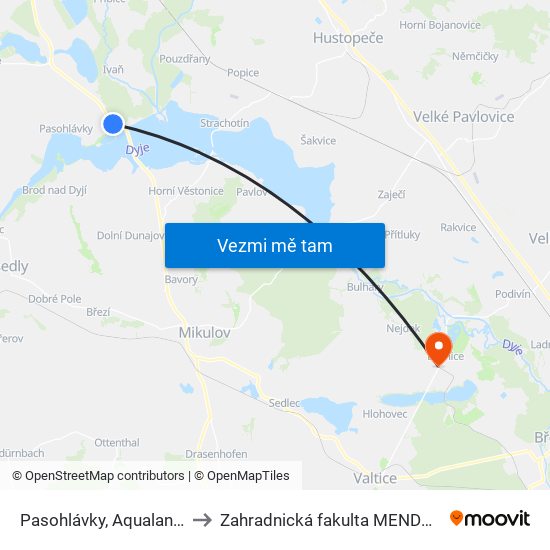 Pasohlávky, Aqualand Moravia to Zahradnická fakulta MENDELU budova A map