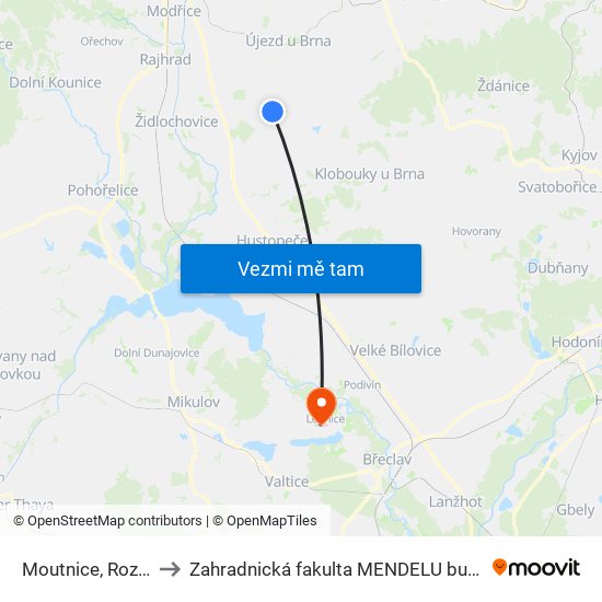 Moutnice, Rozařín to Zahradnická fakulta MENDELU budova A map