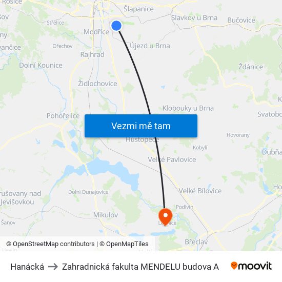 Hanácká to Zahradnická fakulta MENDELU budova A map