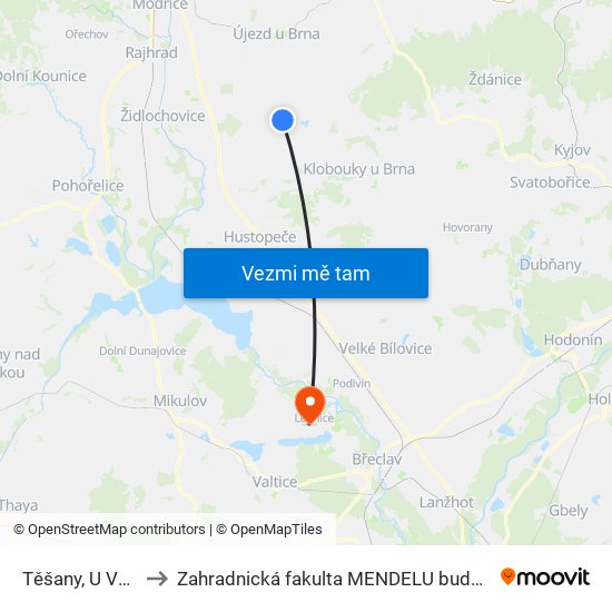 Těšany, U Váhy to Zahradnická fakulta MENDELU budova A map