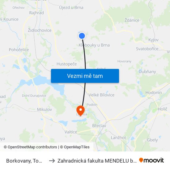 Borkovany, Tomášov to Zahradnická fakulta MENDELU budova A map