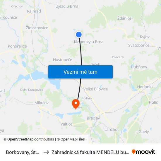 Borkovany, Štoček to Zahradnická fakulta MENDELU budova A map