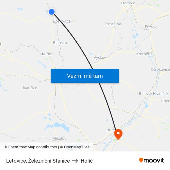 Letovice, Železniční Stanice to Holíč map