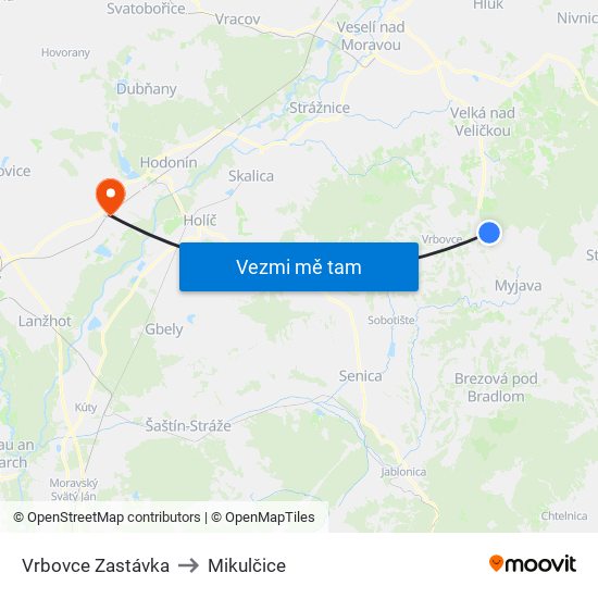 Vrbovce Zastávka to Mikulčice map