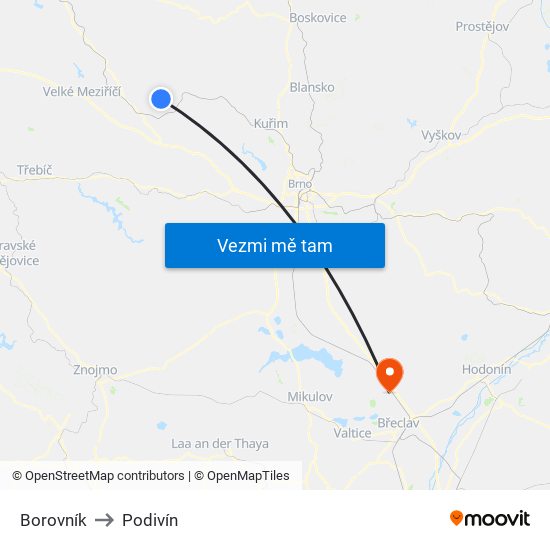 Borovník to Podivín map