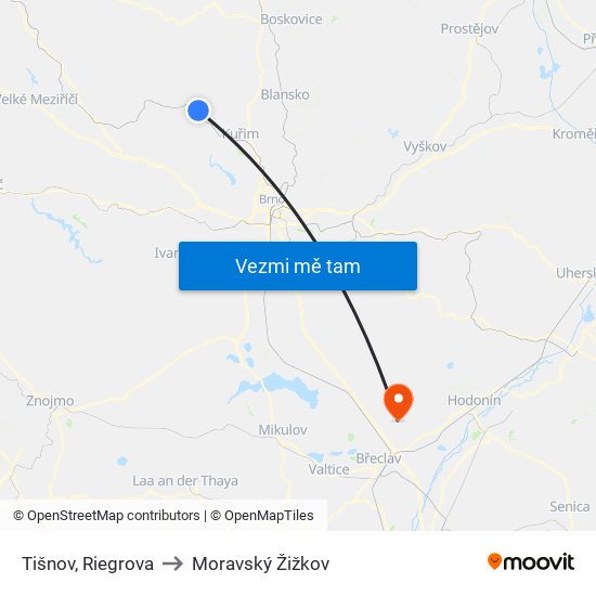 Tišnov, Riegrova to Moravský Žižkov map